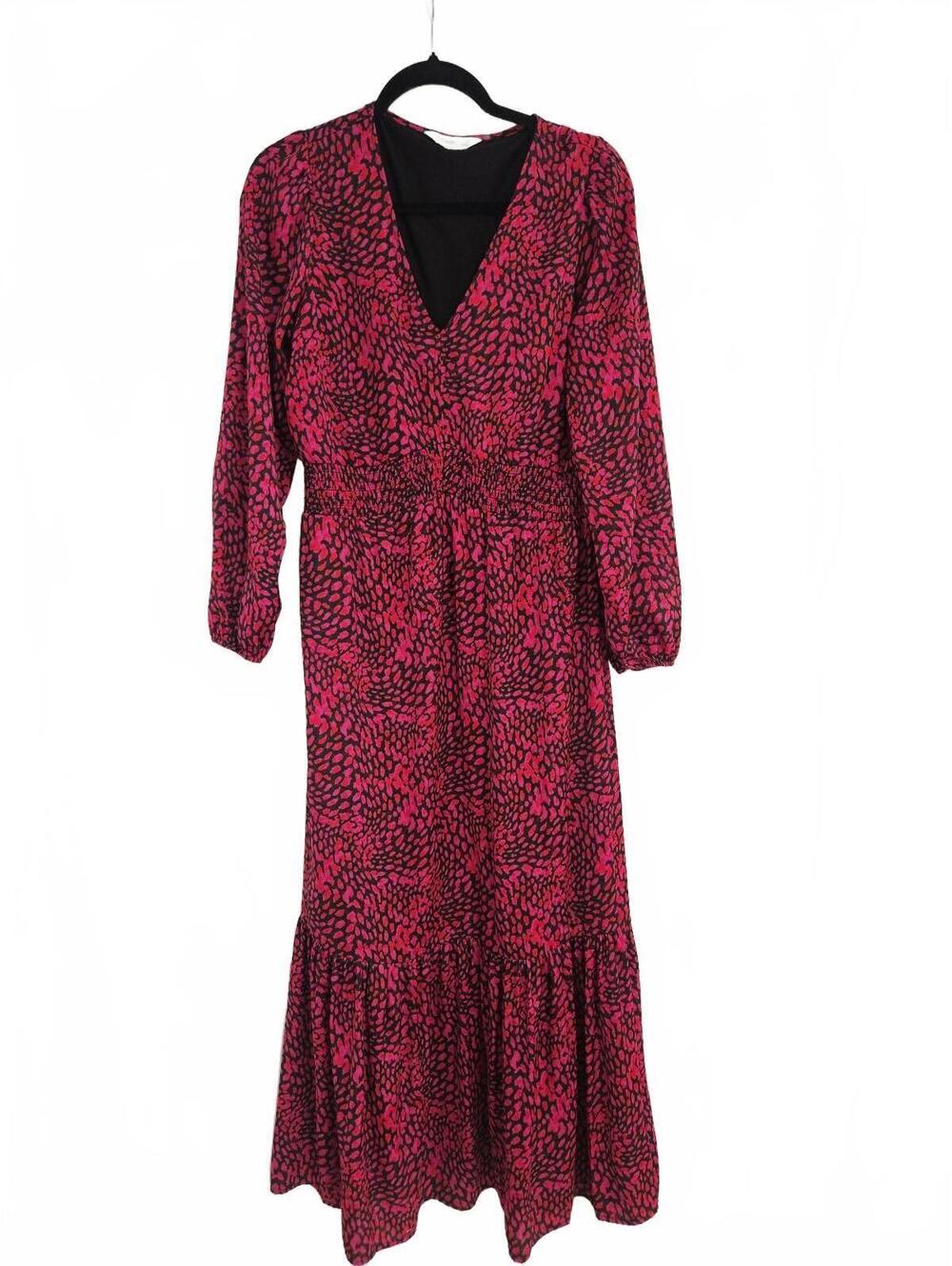Nine West Women's Long Sleeve V-Neck Maxi Dress in Pink and Black Print, Size M